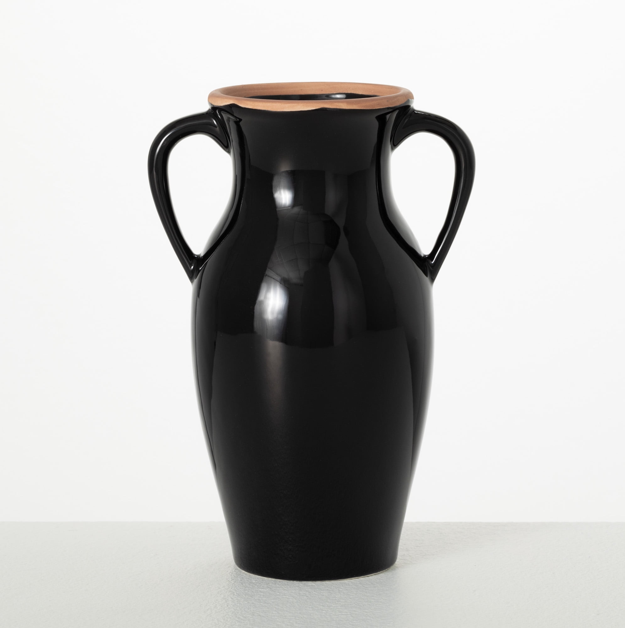 Sullivans Black Natural Rimmed Ceramic Vase With Handles, 8"H