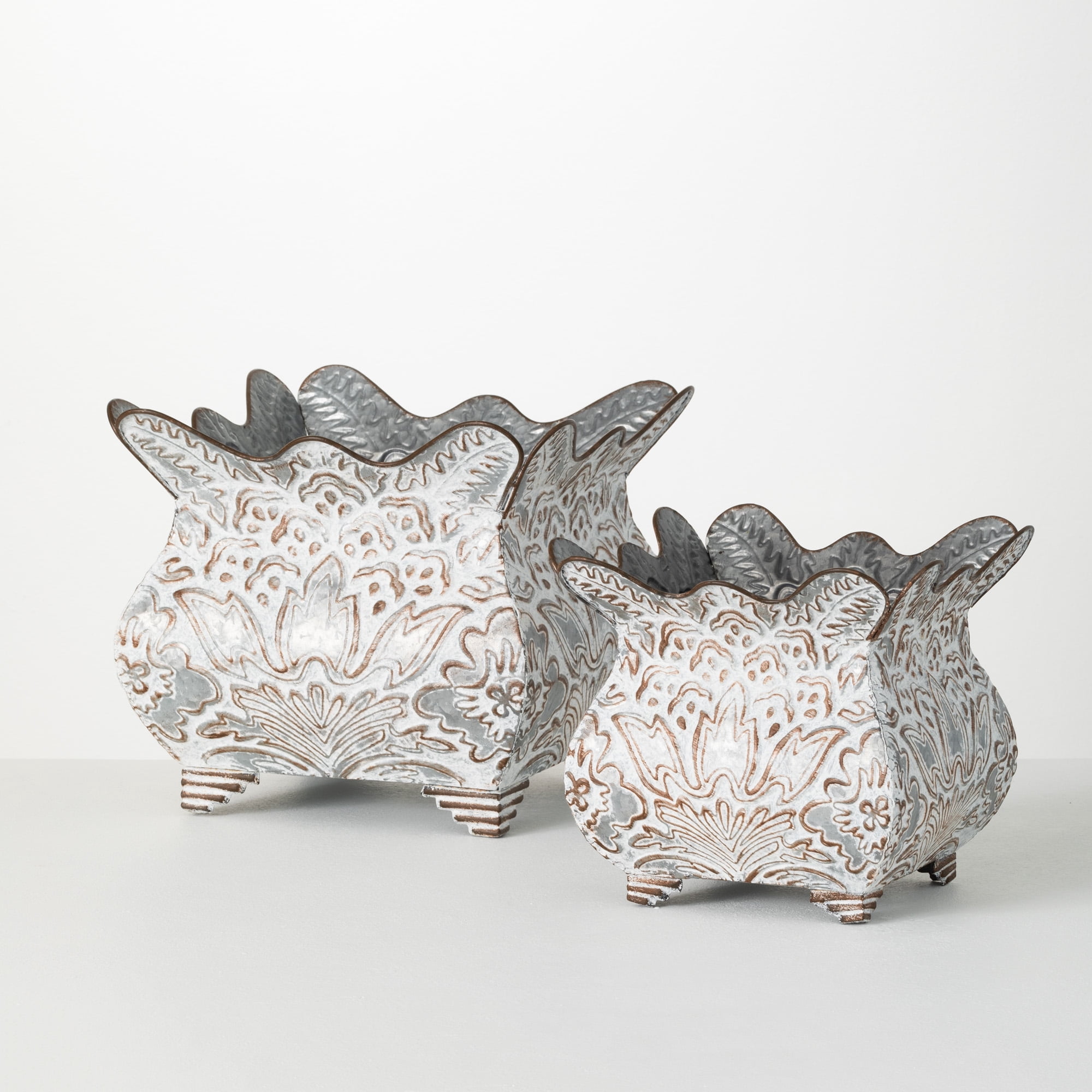Sullivans Flourish Scalloped Metal Planter Set of 2, 10"H & 8"H Gray