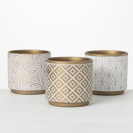 Sullivans Gold Ceramic Planters With Mod Motif Set of 3, 6"H Gold