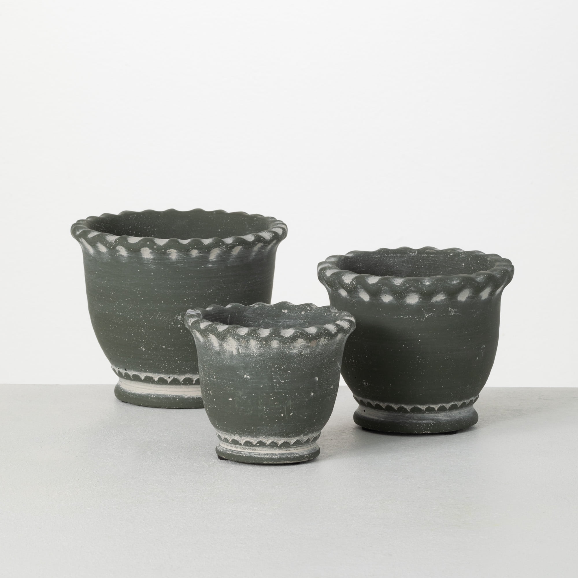 Sullivans Gray Scalloped Edged Ceramic Planter Set of 3, 4.75"H, 4.5"H & 3.5"H Gray