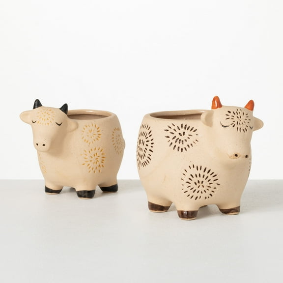 Sullivans Kitschy Cow Ceramic Planter Set of 2, 5.5"H & 4.5"H Multicolored