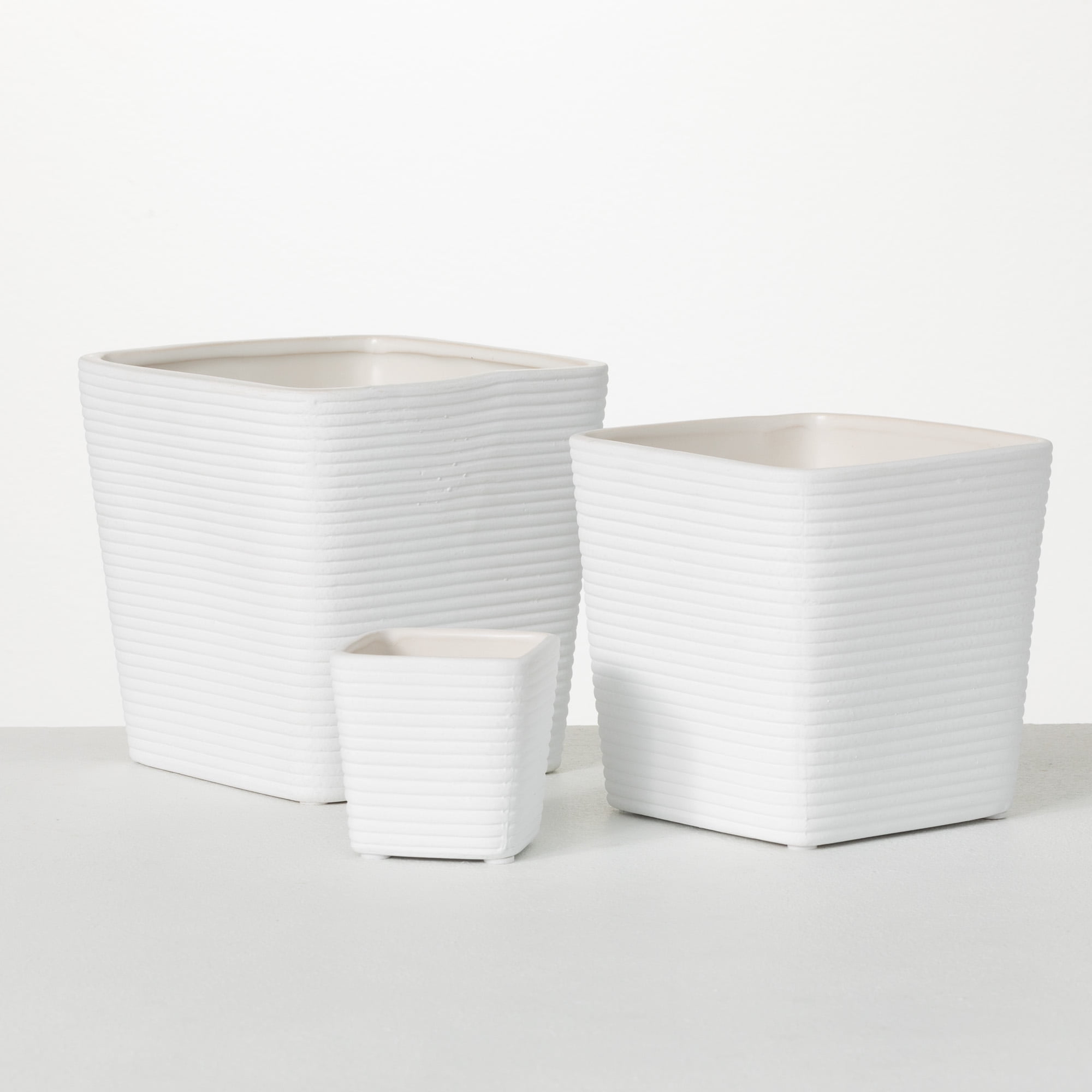 Sullivans Ribbed Square Ceramic Planter Set of 3, 6"H, 5.25"H & 3"H White