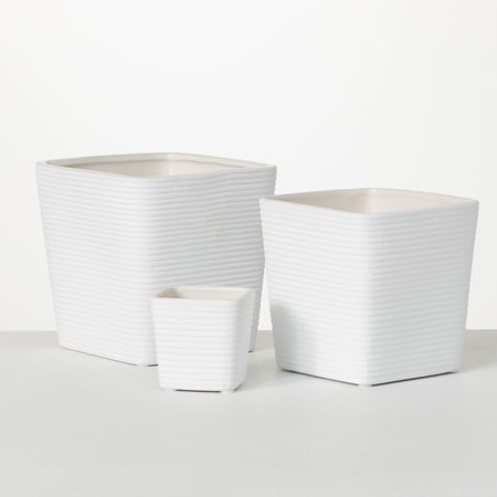 Sullivans Ribbed Square Ceramic Planter Set of 3, 6"H, 5.25"H & 3"H White