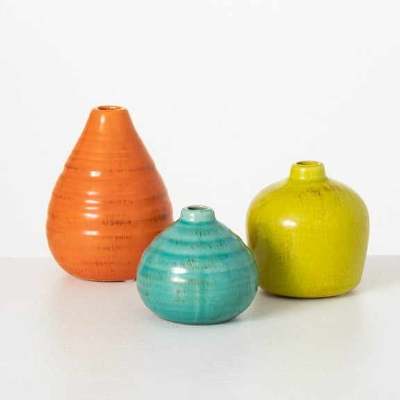 Sullivans Set 3 Small Ceramic Vases 3"H, 4"H & 5"H Orange, Yellow & Teal