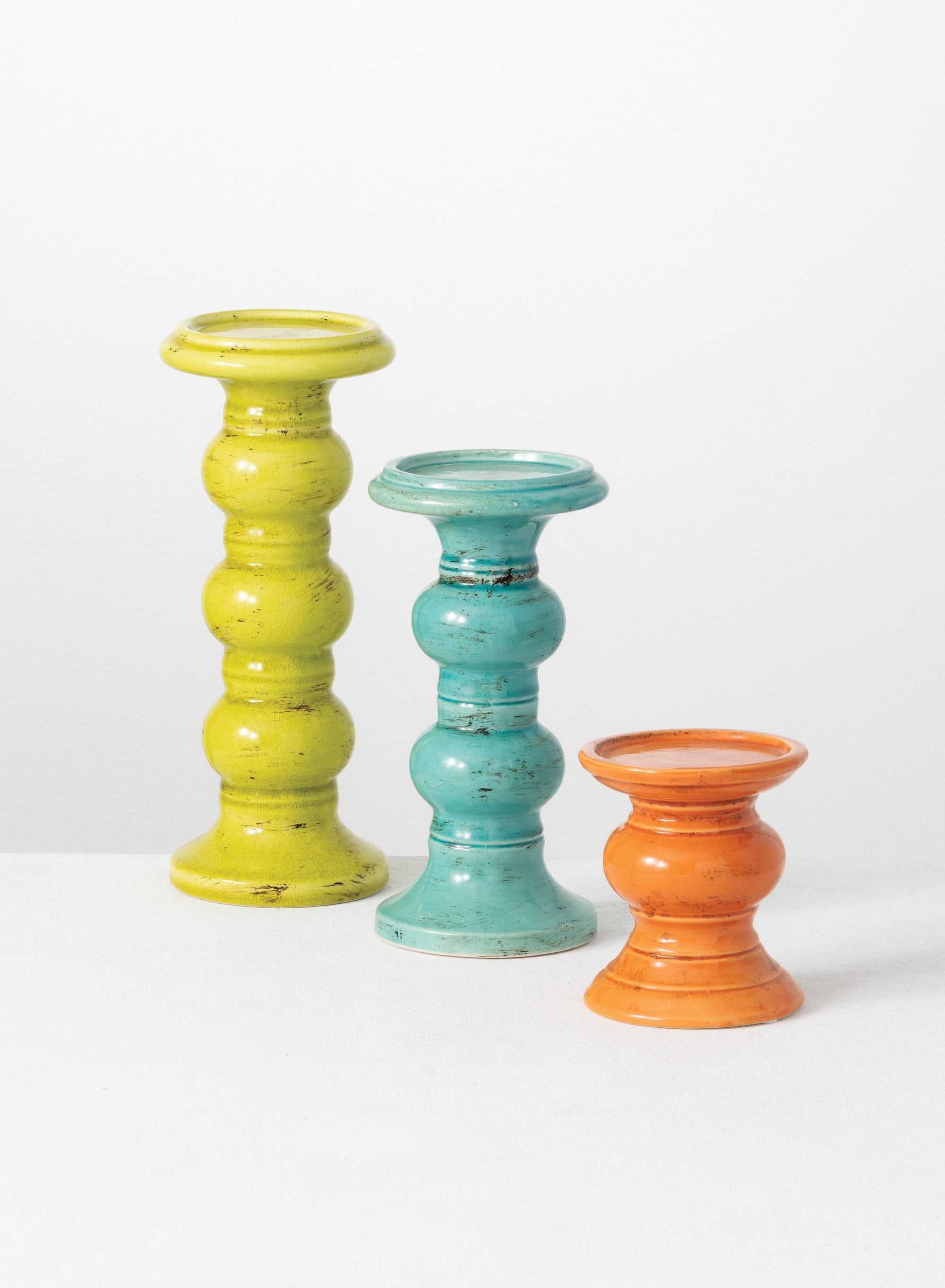 Colorful Ceramic Pillar Candle Holders with Bubble Stem, Set of Three