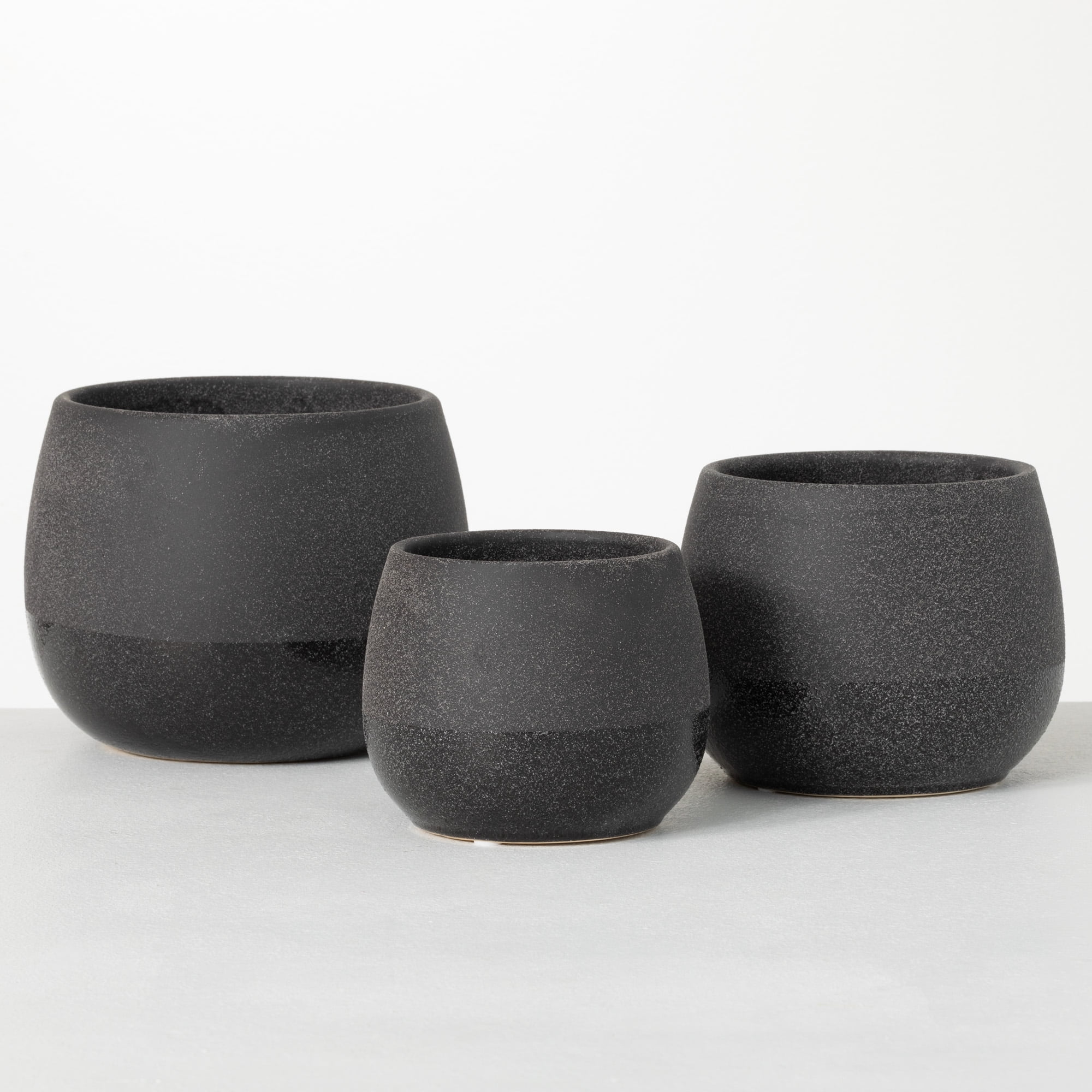 SHPROUT 6 inch (Small), 9 inch (Medium) and 12 inch (Large) - Set of 3  Speckled Black Planters, Hand Glazed Ceramic Pots with Drainage Holes and  Plug