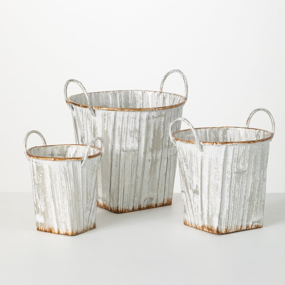 Sullivans Textured Handled Bucket Set of 3, 9"H, 7.75"H & 6.5"H White