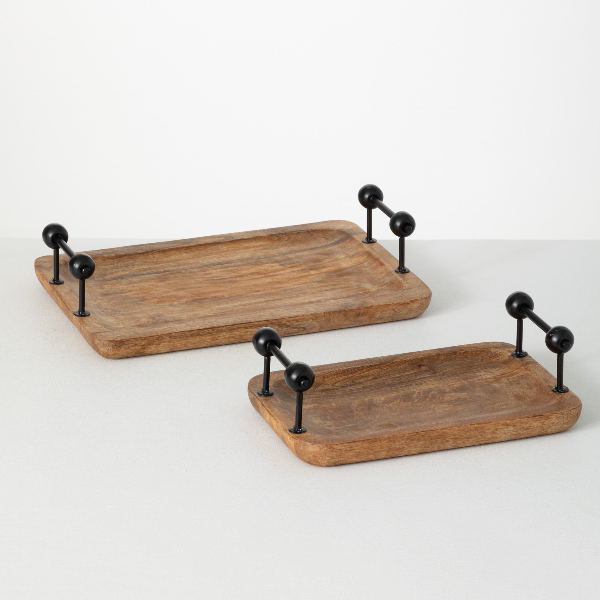 Rustic Brown Wooden Tray Set with Black Metal Handles