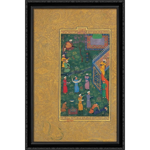 Sultan Hossein Mirza in Promenade (left part) 26x40 Large Black Ornate Wood Framed Canvas Art by Kamal ud-Din Behzad