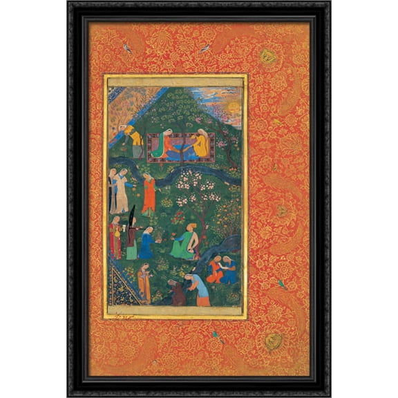 Sultan Hossein Mirza in Promenade (right part) 26x40 Large Black Ornate Wood Framed Canvas Art by Kamal ud-Din Behzad