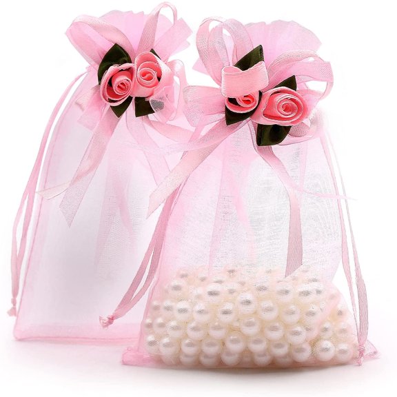 SumDirect Rose Organza Gift Bags - 50Pcs 4x5 inch White Wedding Favor Gift Bags, Jewelry Pouches with Drawstring for Party Wedding Christmas Valentine