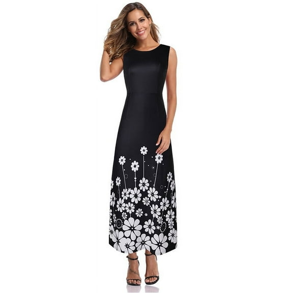 Sumai Women's Dress Round Neck Sleeveless Fashion Printed Pattern Slim Fit Version Long Party a-Line Dress