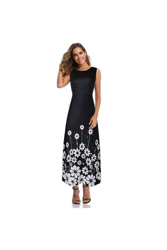 Sumai Women's Dress Round Neck Sleeveless Fashion Printed Pattern Slim Fit Version Long Party a-Line Dress