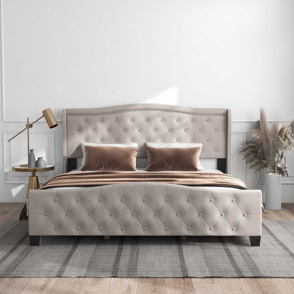 Sumala Tufted Fabric Panel Bed, Full, Ivory