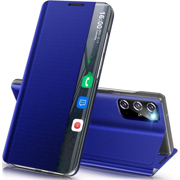 Sumao for Samsung Galaxy S20 Plus Smart Clear View Window with Kickstand，Leather Flip Protective Case-Blue