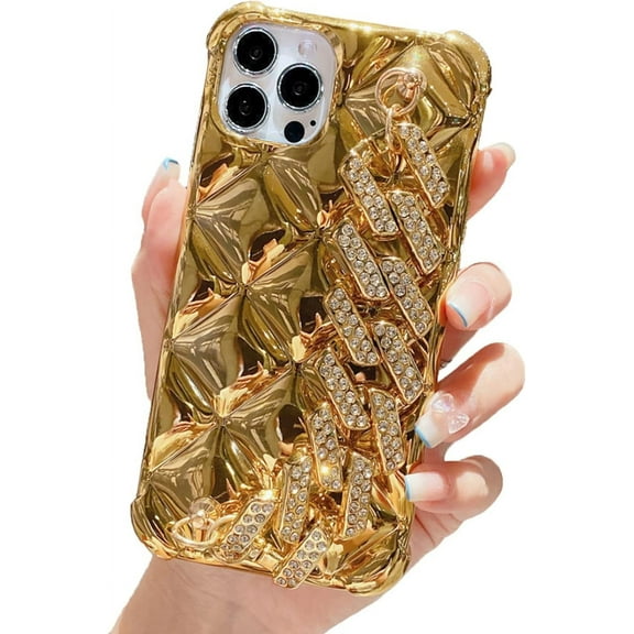 Sumao for iPhone 13 Pro Max Case - Bling Luxury Strap, 3D Glitter Diamond Crystal, Shockproof, Gold