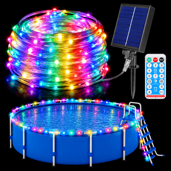 65ft Solar Pool Lights for Above Ground Pools, 180 LED Solar Strip Lights Outdoor Waterproof with Remote, 8 Color Modes for Swimming Pool Frame and Trampoline Lights