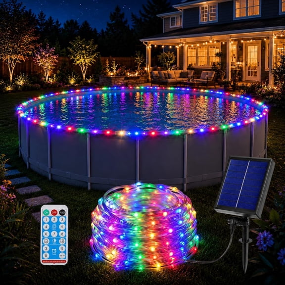 65ft Solar Pool Lights for Above Ground Pools Waterproof 180 LEDs with Remote Frame Swimming Pools Outside 8 Color Modes Trampoline Accessories Outdoor String