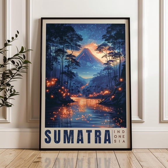 Sumatra Indonesia travel Print art print, Southeast Asia jungle, moody landscape decor, tropical volcano wall art, Stretched Canvas 12x16in