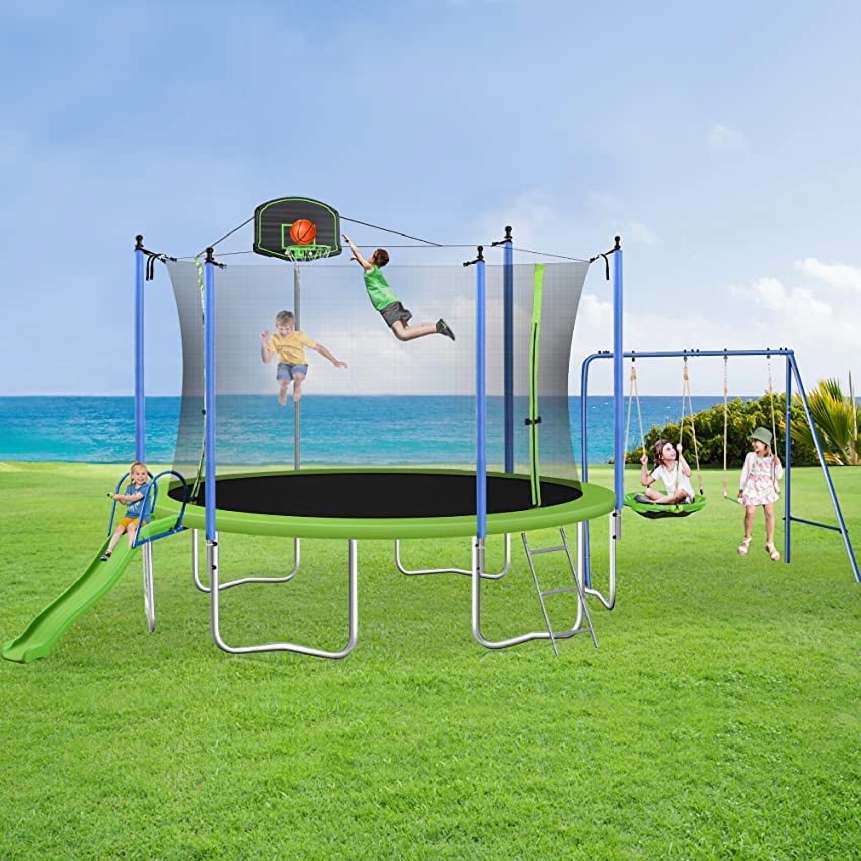 Sumdeal 14FT Kids Trampoline with Basketball Hoop and Swing Stand, with Safety Enclosure,with 1000lbs Capacity