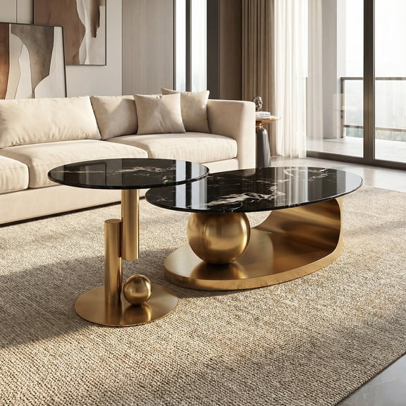 Sumdeal 2-Piece Coffee Table Set, Black Marble-Print Tempered Glass, Brushed Gold Stainless Steel