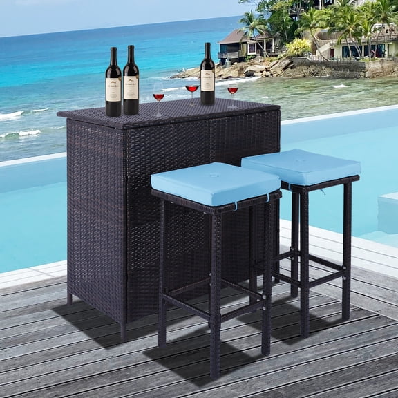 Sumdeal 3-Piece Patio Bar Set with Cushions, All Weather PE Rattan and Steel Frame Furniture for Outside Backyards, Porches, Gardens or Poolside,Brown and Blue