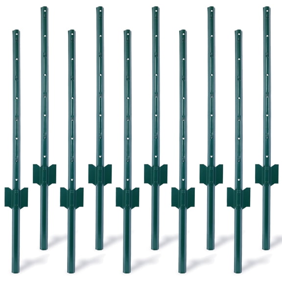Sumdeal 3 ft Green Steel U-Channel Garden Fence Post, 10-Pack - Powder Coated Wire Fence Post for Planting Beds, Yard Boundaries