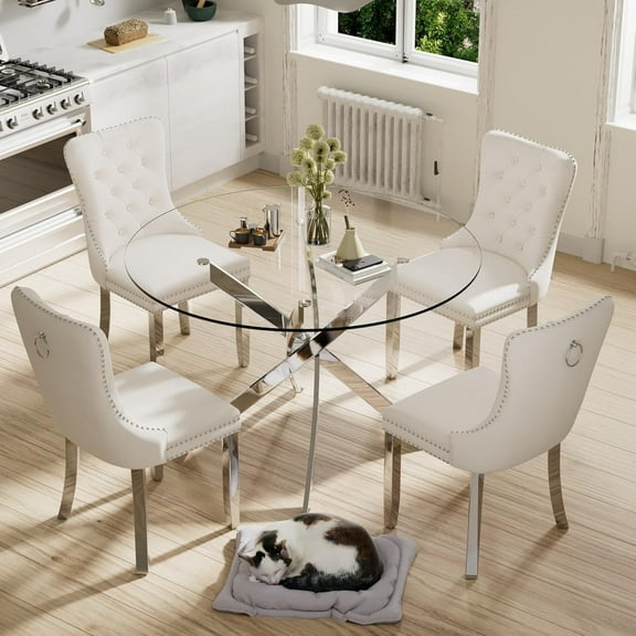 Sumdeal 42" Glass Dining Table Room Set for 4,5 Pieces Glass Dining Table Set for Kitchen