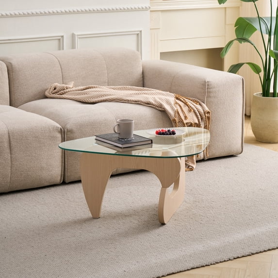 Sumdeal 43.3 in Rectangular Glass Coffee Table, Walnut Brown Wood Base, Center Table for Living Room