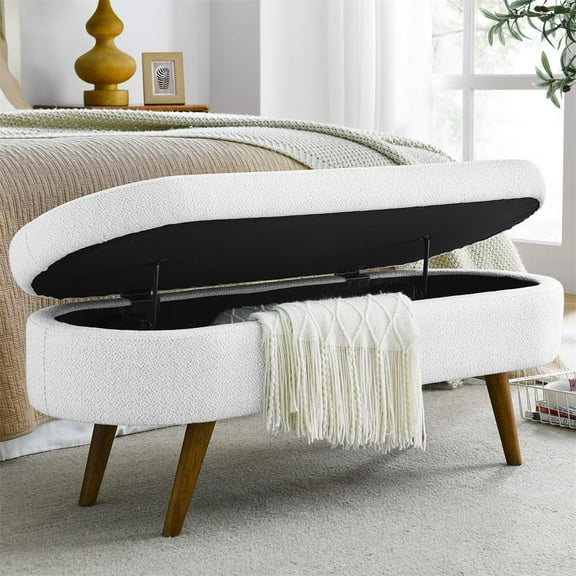 Sumdeal 43.5" Storage Ottoman Bench with 250lb Seating, Linen Upholstered Wood Legs Safety Hinge Flip Top Oval Foot Rest Long Stool for Sofa Couch Bedroom End of Bed Living Room Entryway, White