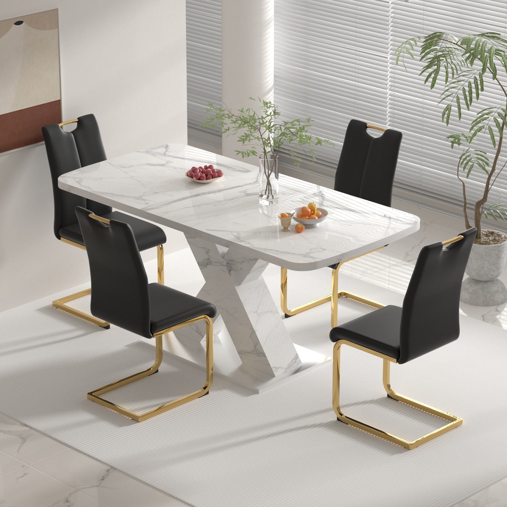 Sumdeal 47"-63"Retractable Faux Marble Dining Room Table sets for 4 ...