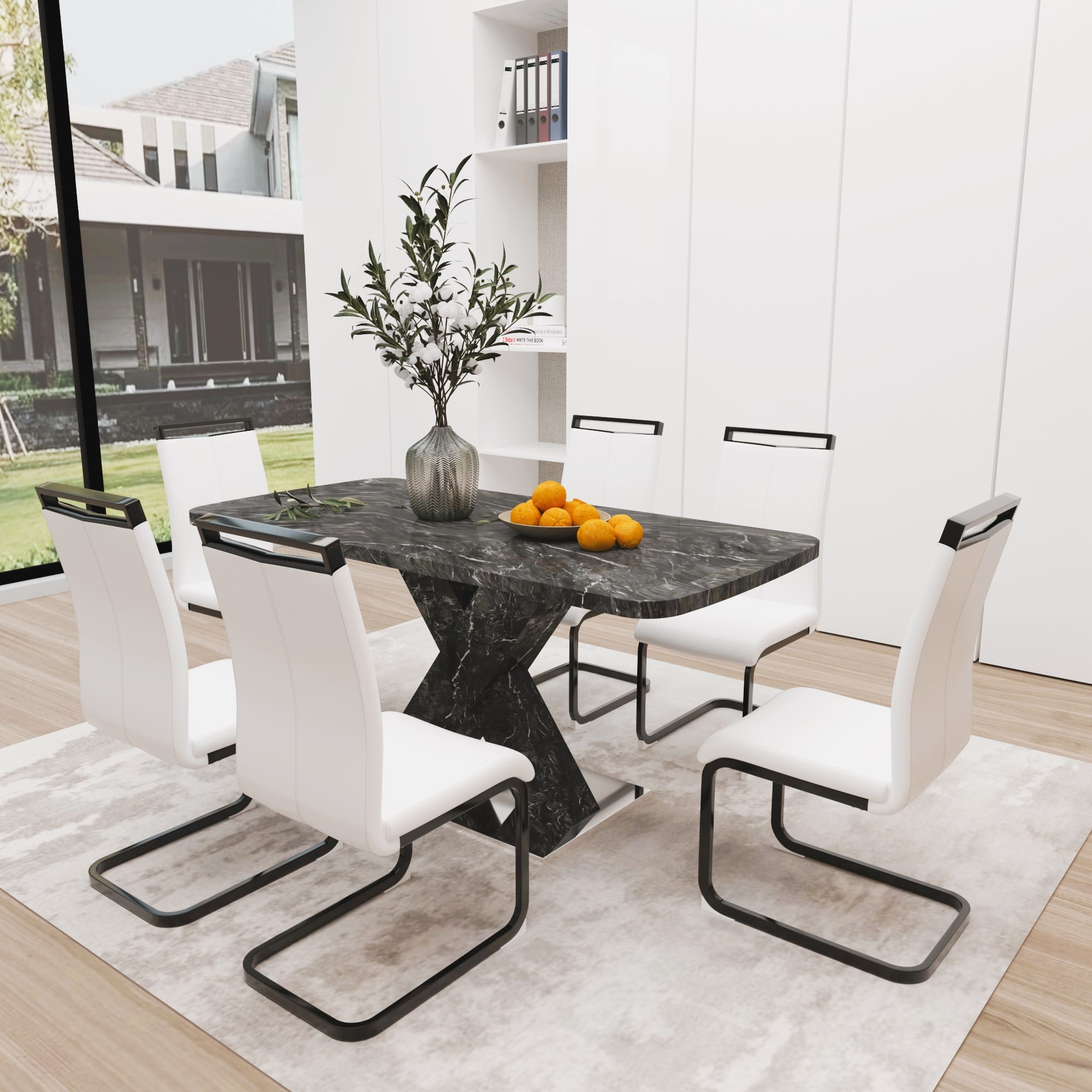 Sumdeal 47"-63"Retractable Faux Marble Dining Room Table sets for 6 ...