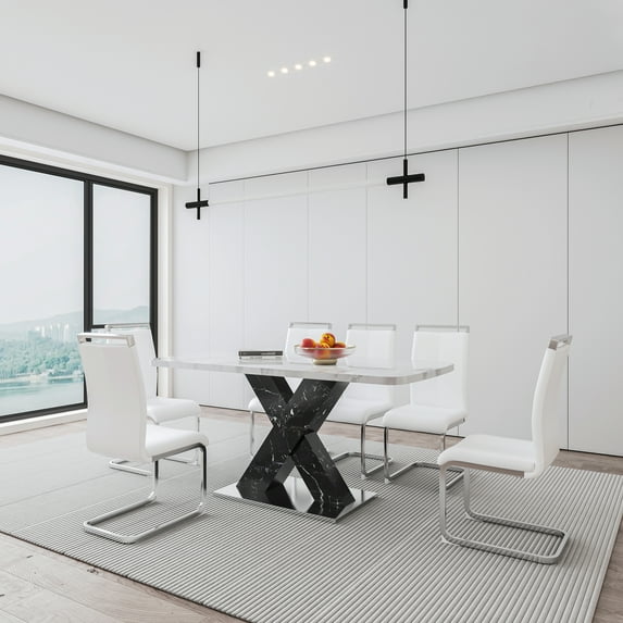 Sumdeal 47"-63"Retractable Faux Marble Dining Room Table sets for 6,White top Table and 6 White Chairs