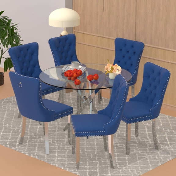 Sumdeal 47" Glass Dining Table Sets for 4/6,5/7 Pieces Dining Room Set for Kitchen, Glass Dining Table with Velvet Chairs