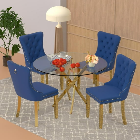 Sumdeal 47" Glass Dining Table Sets for 4/6,5/7 Pieces Dining Room Set for Kitchen, Glass Dining Table with Velvet Chairs