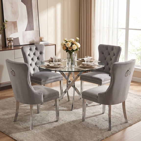 Sumdeal 47" Modern Round Clear Glass Dining Table Set for 4, Chrome Silver Table & 4 Gray Velvet Dining Chairs with Brushed Silver Legs