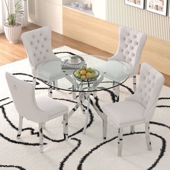 Sumdeal 47" Modern Round Glass Dining Table Room Sets for 4,Dining Table with 4 Velvet Dining Chairs,Black Table and 4 Beige Velvet with Silver Leg