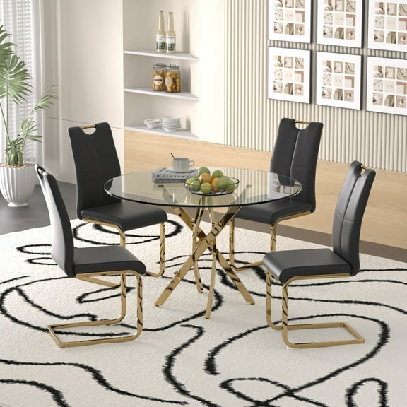 Sumdeal 47" Modern Round Glass Dining Table Room Sets for 4,Dining Table with 4 PU Leather Dining Chairs,Glass Table and 4 Black C-shaped Chairs with Golden Leg