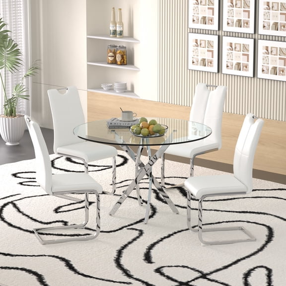 Sumdeal 47" Modern Round Glass Dining Table Room Sets for 4,Dining Table with 4 PU Leather Dining Chairs,Glass Table and 4 White C-shaped Chairs with Silver Leg