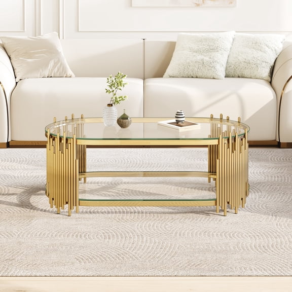 Sumdeal 47 x 23.6 x 17.7 in Oval Coffee Table, Tempered Glass and Stainless Steel Living Room Center Table, Gold and Clear