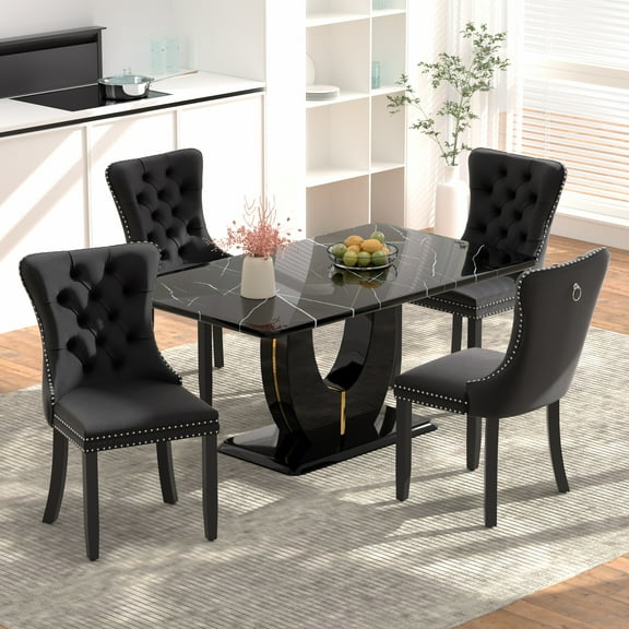 Sumdeal 5/7-Piece Dining Set, Includes a 63-inch Modern Black Faux Marble Dining Table and 4/6 Velvet-Upholstered Chairs, Perfect for Kitchens, Dining Rooms, and Offices