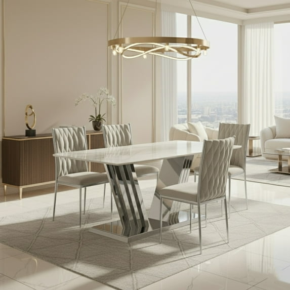 Sumdeal 5/7-Piece Dining Set, featuring a 70-inch modern faux marble dining table and 4/6 velvet-upholstered chairs, available in gold, silver, and solid colorways.