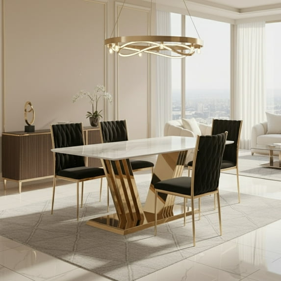 Sumdeal 5/7-Piece Dining Set, featuring a 70-inch modern faux marble dining table and 4/6 velvet-upholstered chairs, available in gold, silver, and solid colorways.