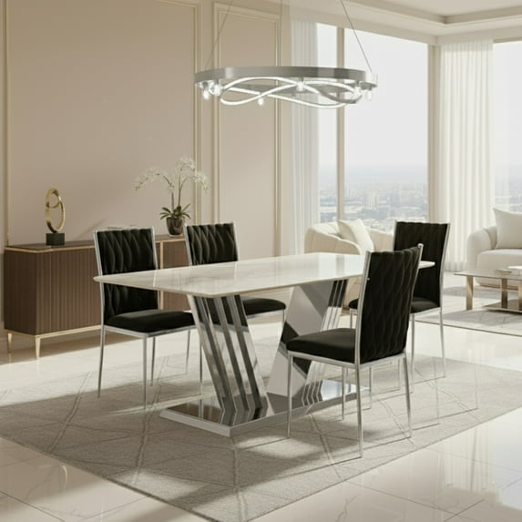 Sumdeal 5/7-Piece Dining Set, featuring a 70-inch modern faux marble dining table and 4/6 velvet-upholstered chairs, available in gold, silver, and solid colorways.