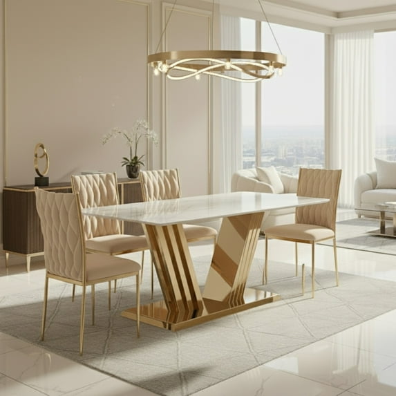 Sumdeal 5/7-Piece Dining Set, featuring a 70-inch modern faux marble dining table and 4/6 velvet-upholstered chairs, available in gold, silver, and solid colorways.