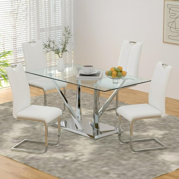 Sumdeal 5/7-Piece Modern Dining Set, 63-inch Rectangular Glass-Top Dining Table with 4/6 Upholstered PU Leather Chairs in Luxe Colors, Suitable for Kitchens and Dining Rooms