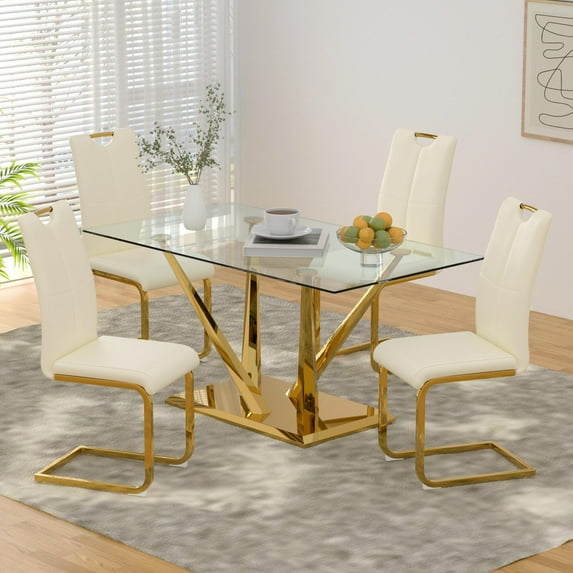 Sumdeal 5/7-Piece Modern Dining Set, 63-inch Rectangular Glass-Top Dining Table with 4/6 Upholstered PU Leather Chairs in Luxe Colors, Suitable for Kitchens and Dining Rooms