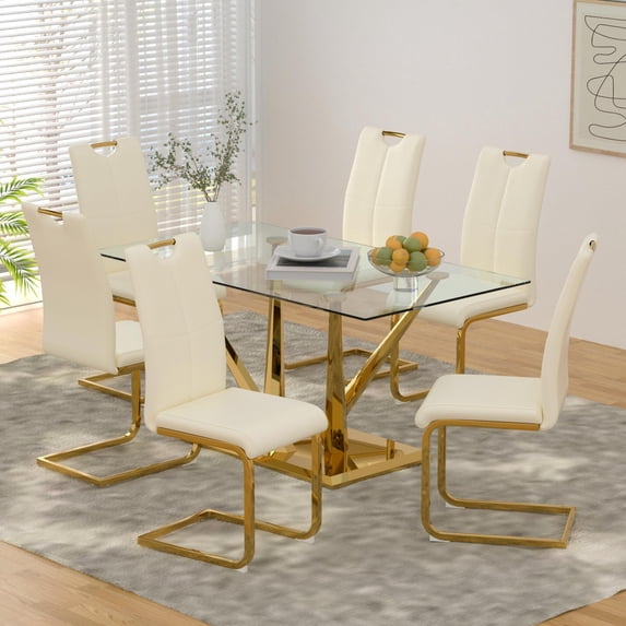 Sumdeal 5/7-Piece Modern Dining Set, 63-inch Rectangular Glass-Top Dining Table with 4/6 Upholstered PU Leather Chairs in Luxe Colors, Suitable for Kitchens and Dining Rooms