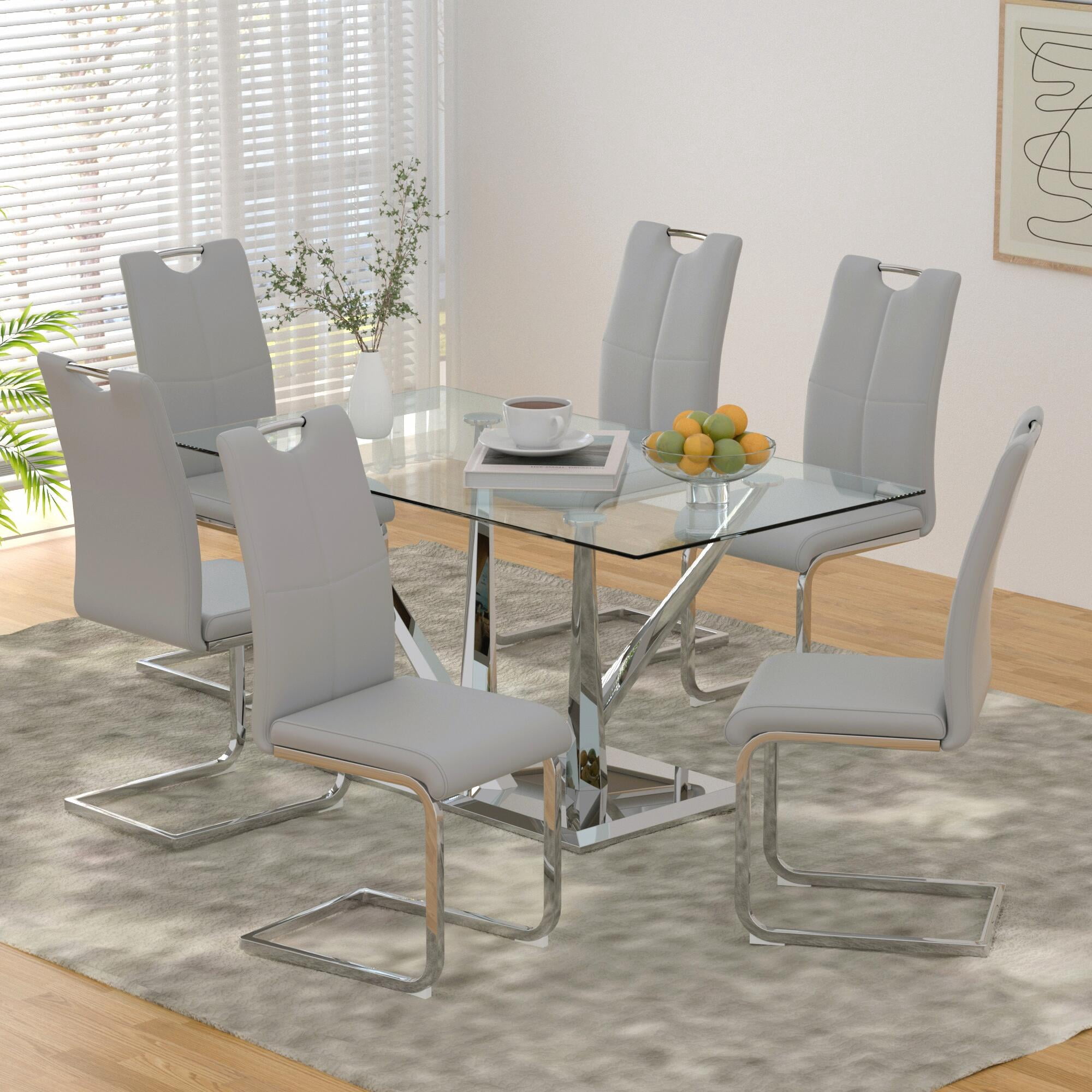 Sumdeal 5/7-Piece Modern Dining Set, 63-inch Rectangular Glass-Top ...