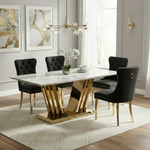 Sumdeal 5/7-piece dining and chair set features a 70-inch modern faux marble dining table with 4/6 velvet-upholstered chairs, available in gold/silver and five solid colors.